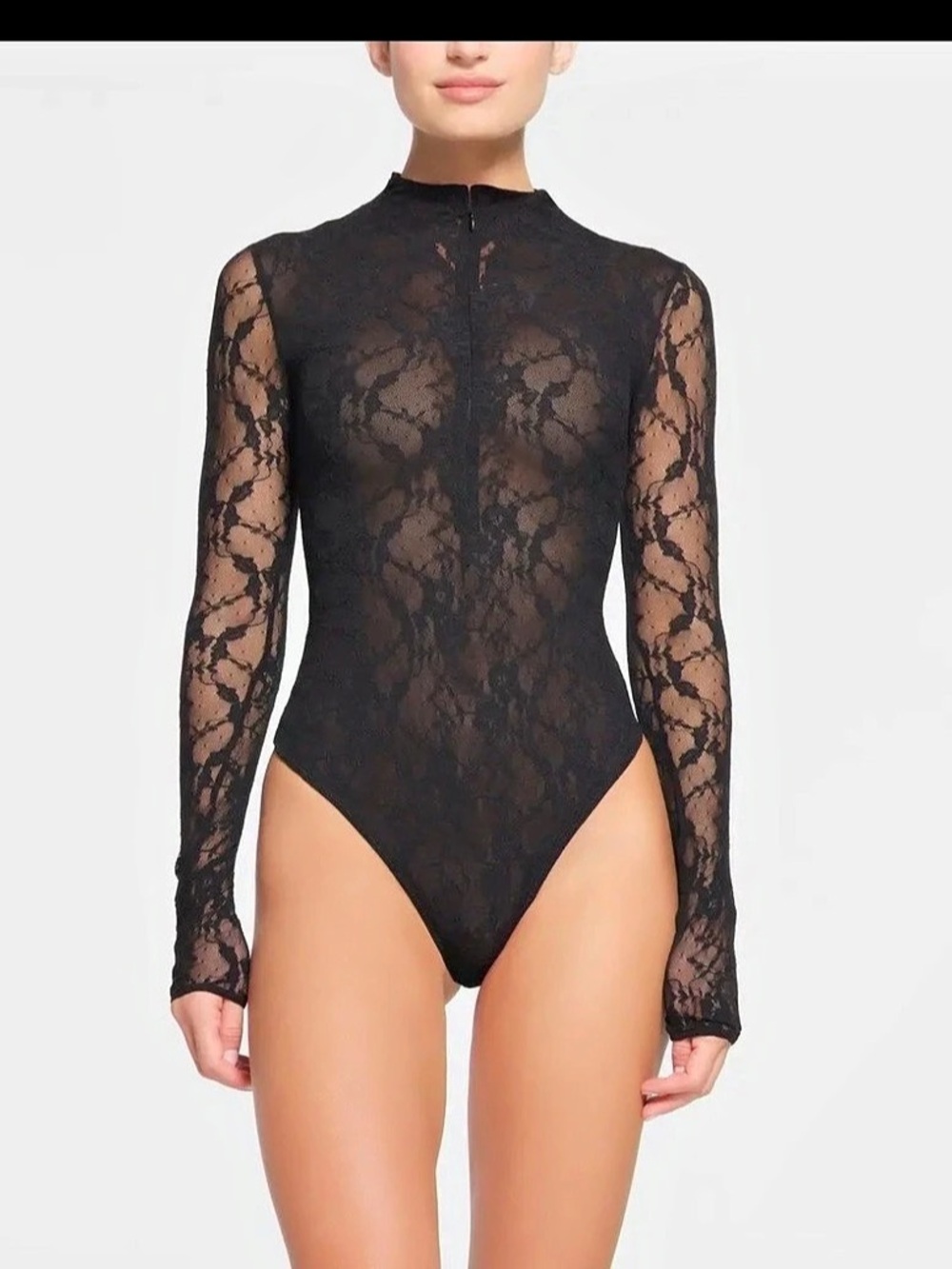 SKIMS Stretch Lace Lined Long Sleeve Thong Bodysuit